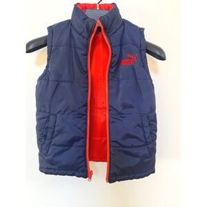 Puma Puffer Vest Boys XS Navy Blue Orange Excellent Reversible Sleeveless Jacket